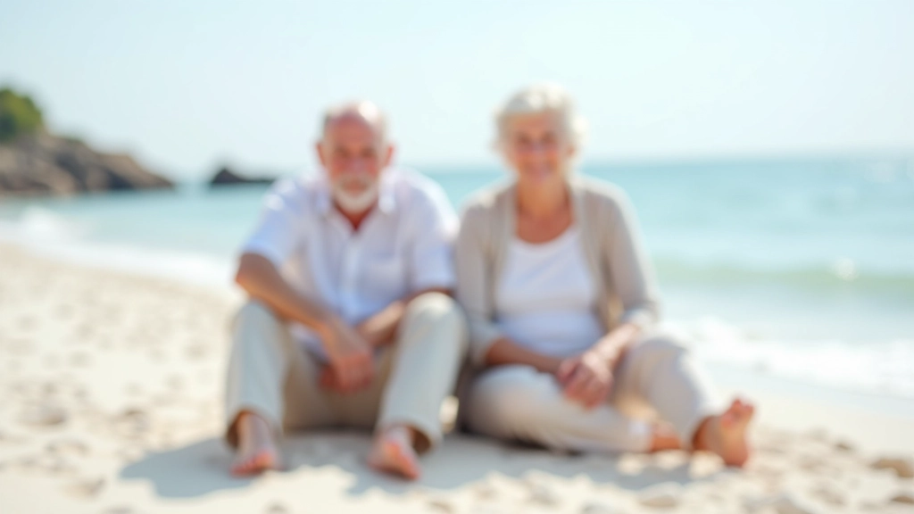 Senioru pāris staigā pa smilšu pludmali, skaidra diena